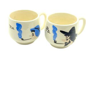 Hillbilly Ma and Pa Coffee Cups Smoking Pipes Retro Novelty Kitsch Mugs Dings